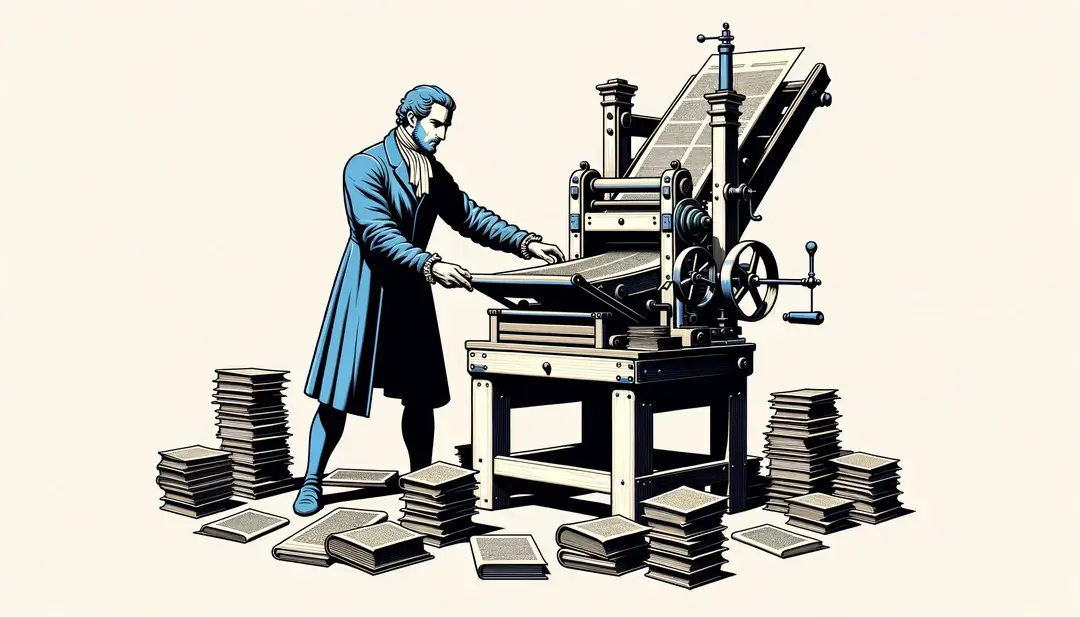 Figura humana imprimiendo manuscritos con colores vivos en la revolución de la imprenta francesa del siglo XVI