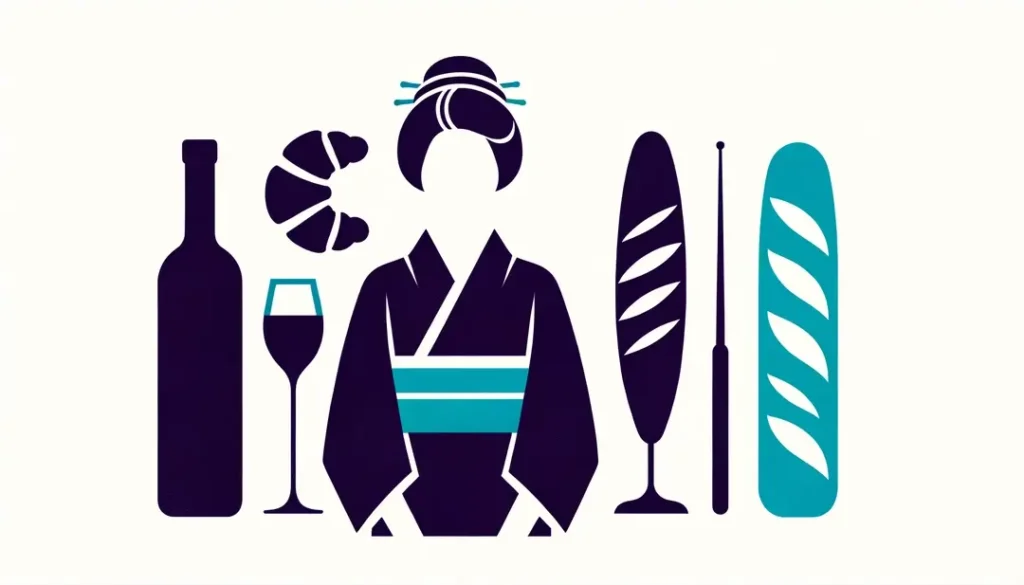 Ilustración minimalista de la cocina francesa influyendo en la gastronomía global