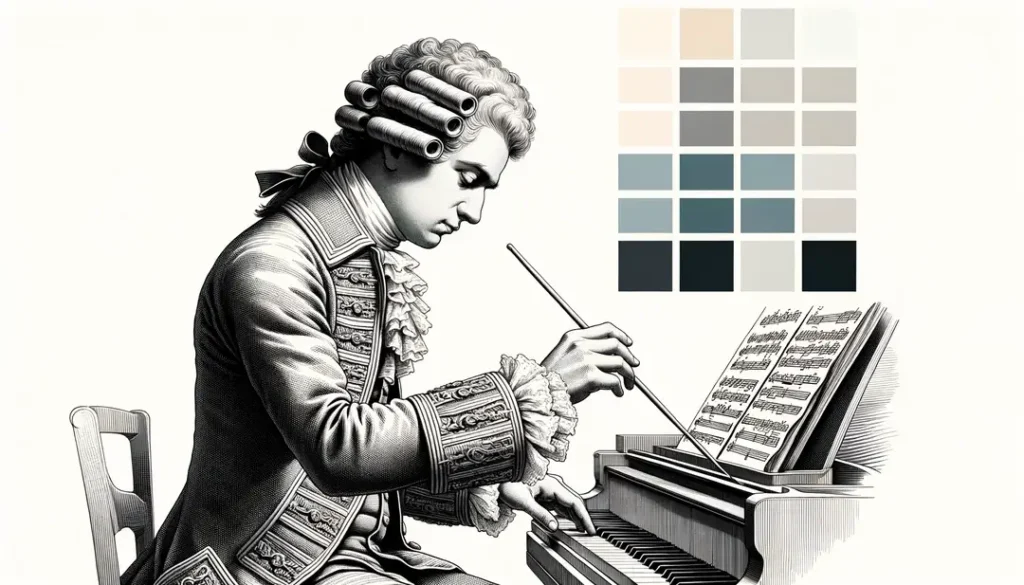Ilustración minimalista de un compositor francés del Barroco