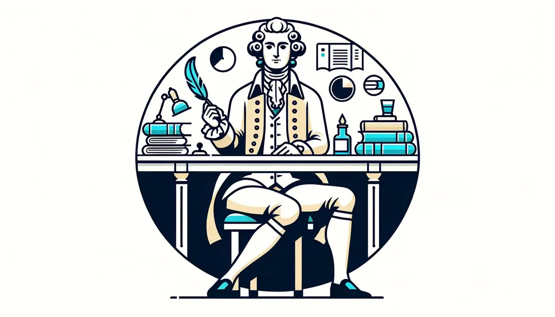Ilustración minimalista de Voltaire con fondo blanco y detalles de su contribución a la modernidad