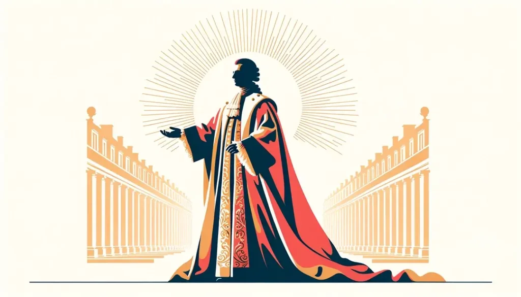 Ilustración minimalista de la corte de Luis XIV con influencia en la producción literaria francesa
