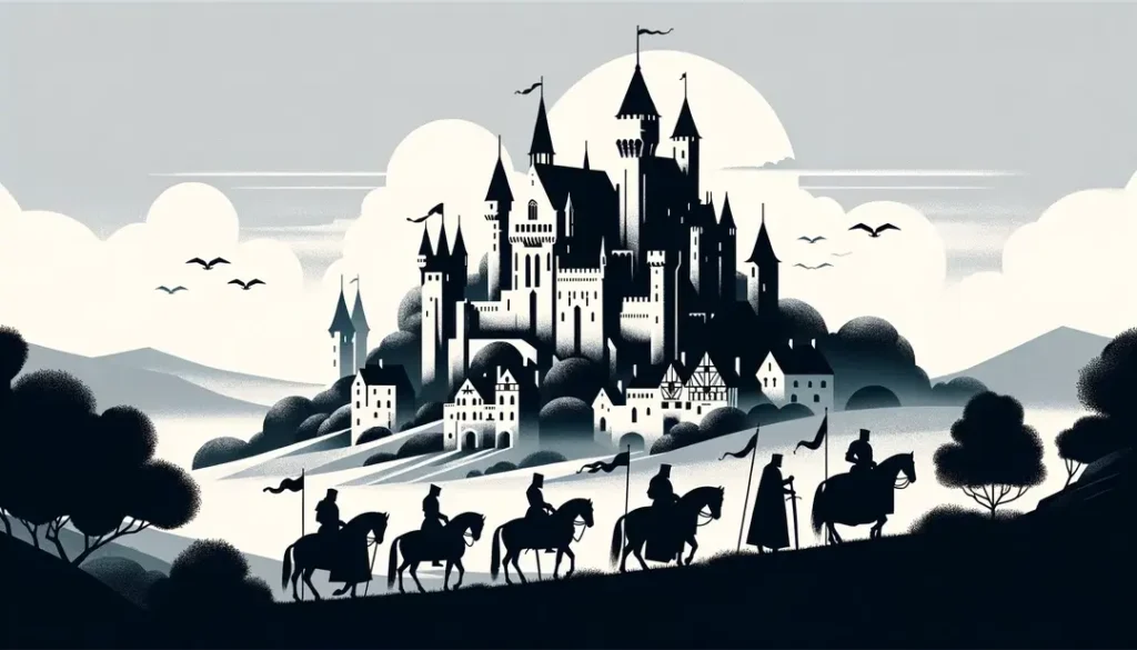 Escena del siglo XIV con caballeros medievales y castillo