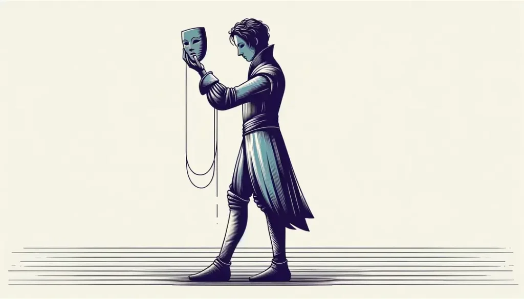 Figura inspirada en Jean Racine sosteniendo una máscara