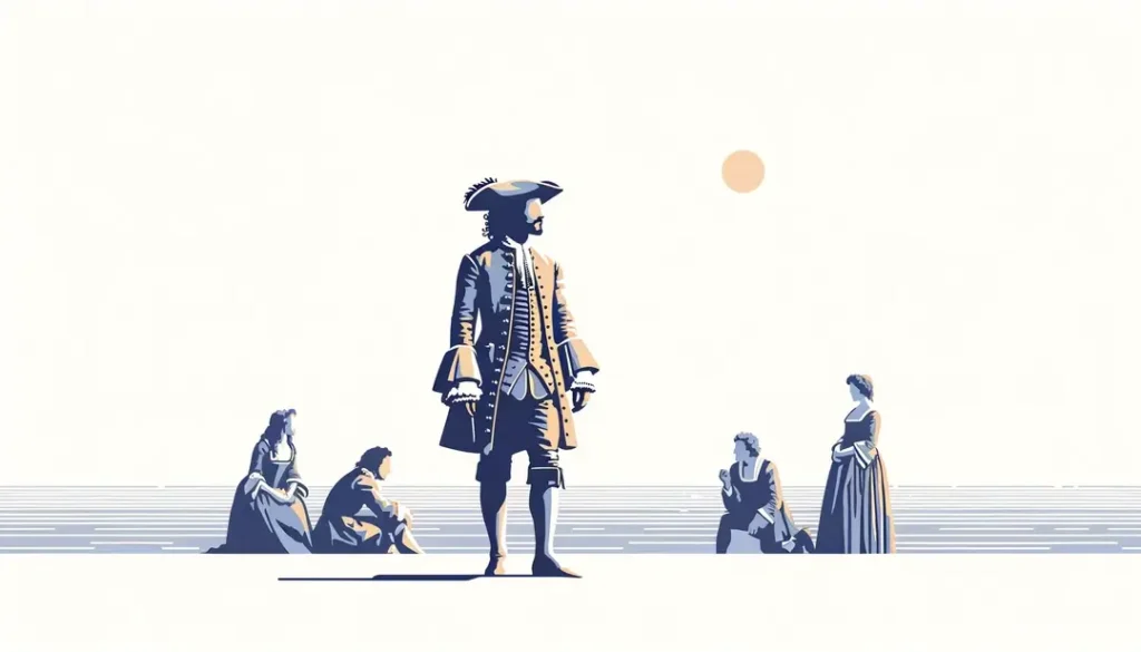Ilustración minimalista de una escena teatral del siglo XVII