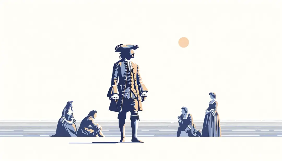 Ilustración minimalista de una escena teatral del siglo XVII