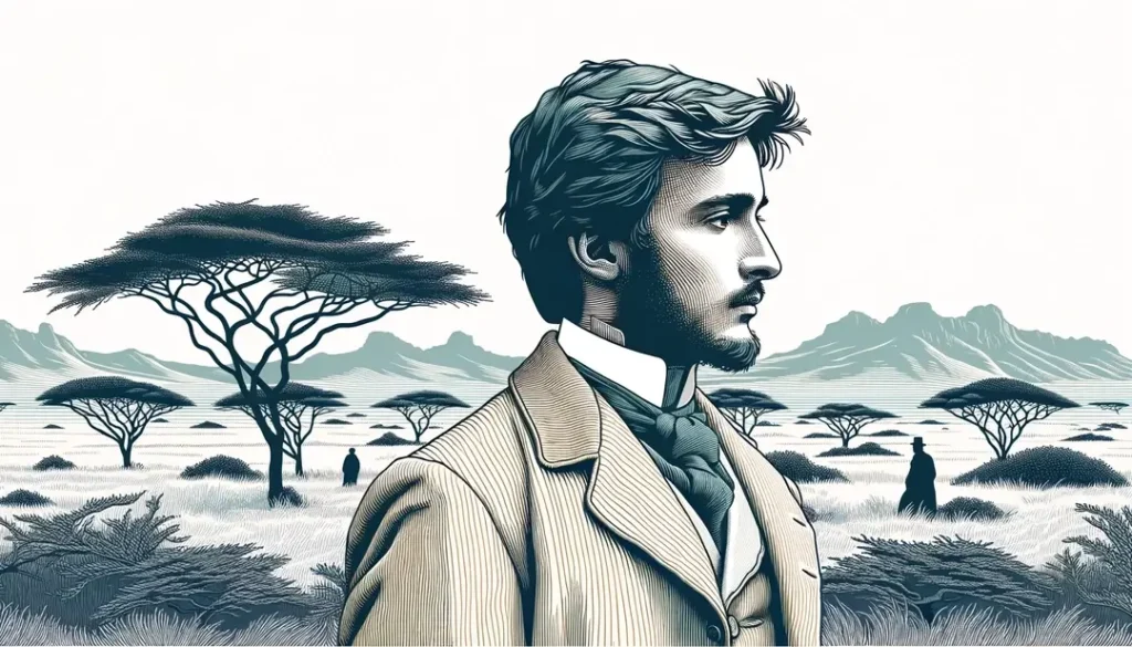 Ilustración minimalista de Arthur Rimbaud contemplando un paisaje africano