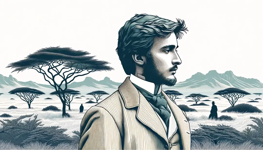 Ilustración minimalista de Arthur Rimbaud contemplando un paisaje africano