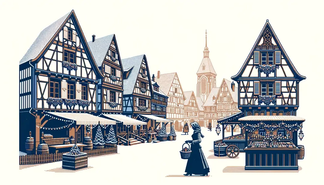 Ilustración minimalista de un mercado navideño alsaciano con arquitectura típica y figura humana