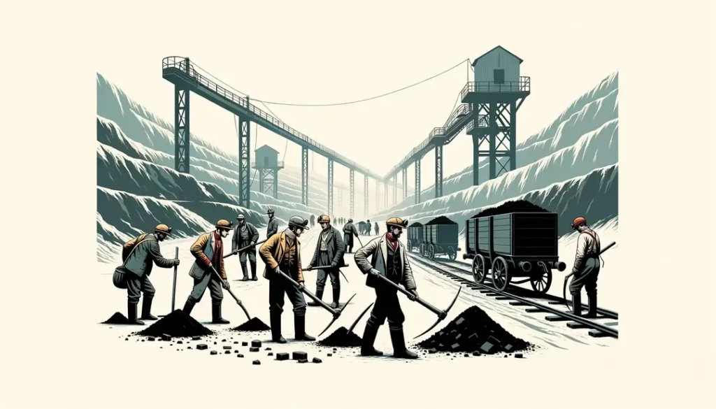 Ilustración minimalista de mineros franceses del siglo XIX trabajando en una mina de carbón