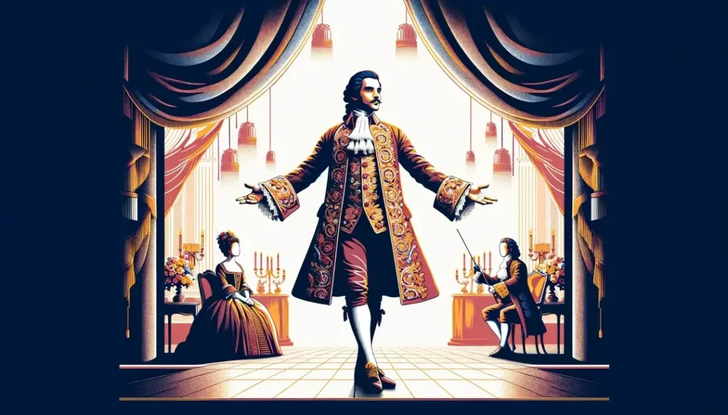 Actor de Don Juan en escenario del siglo XVII con ropajes opulentos y fondo blanco