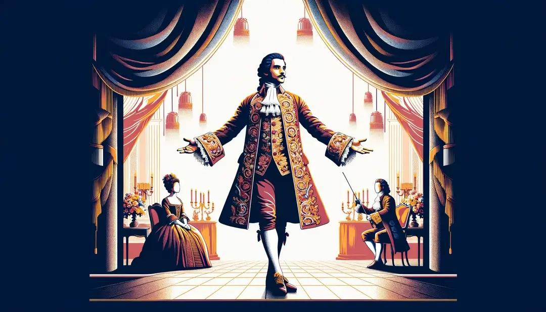 Actor de Don Juan en escenario del siglo XVII con ropajes opulentos y fondo blanco