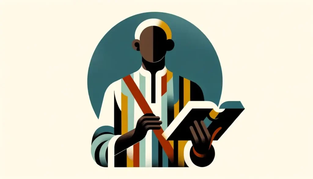 Ilustración minimalista de un autor de origen africano con un libro sobre un fondo blanco
