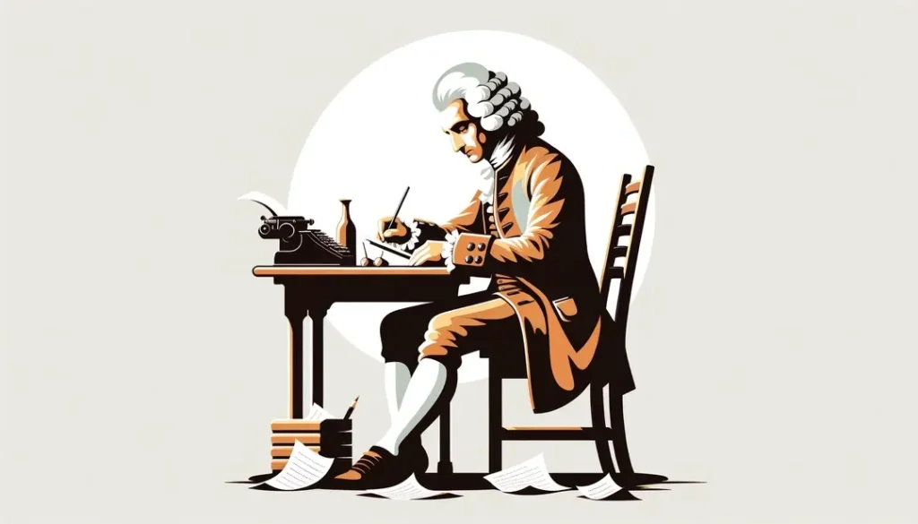 Ilustración minimalista de Jean-Jacques Rousseau en su escritorio de escritura en el siglo XVIII