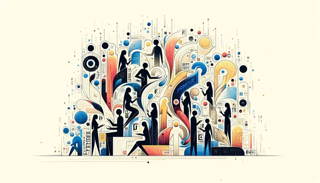 Ilustración minimalista mostrando el impacto del latín en el francés con figuras humanas y texto abstracto sobre fondo blanco