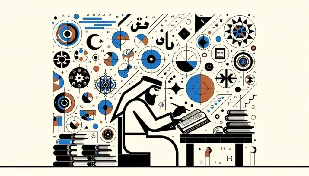 Imagen minimalista de la evolución de los tiempos compuestos en francés con figura humana analizando pergaminos