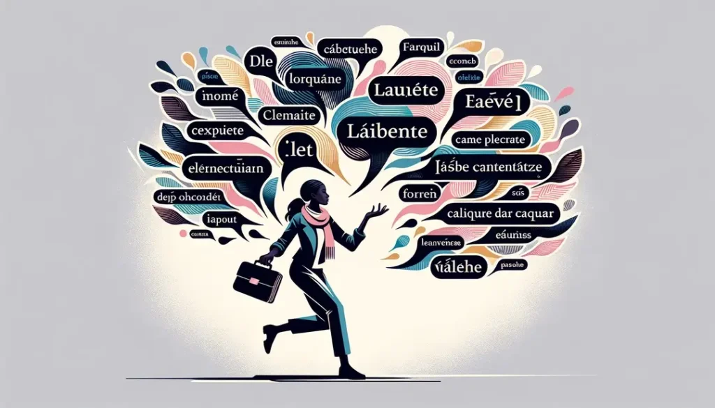 Imagen minimalista de una figura humana explorando significados múltiples en palabras francesas