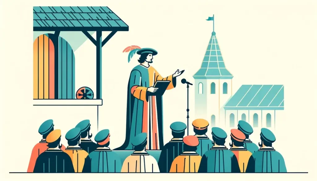Ilustración minimalista de un trovador medieval contando historias en el contexto de la literatura francesa medieval