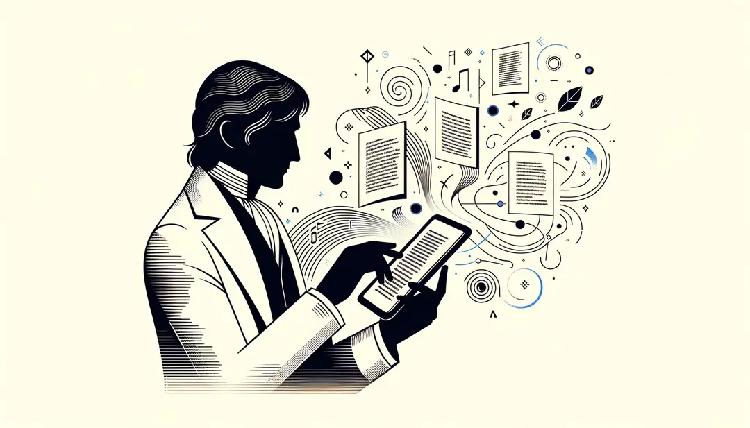 Ilustración minimalista destacando a un poeta francés usando tecnología para poesía digital