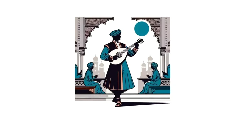 Ilustración de un trovador medieval tocando un laúd en una corte