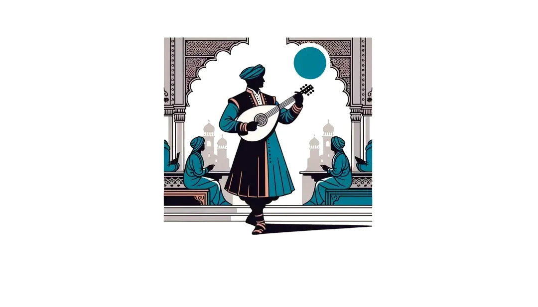 Ilustración de un trovador medieval tocando un laúd en una corte
