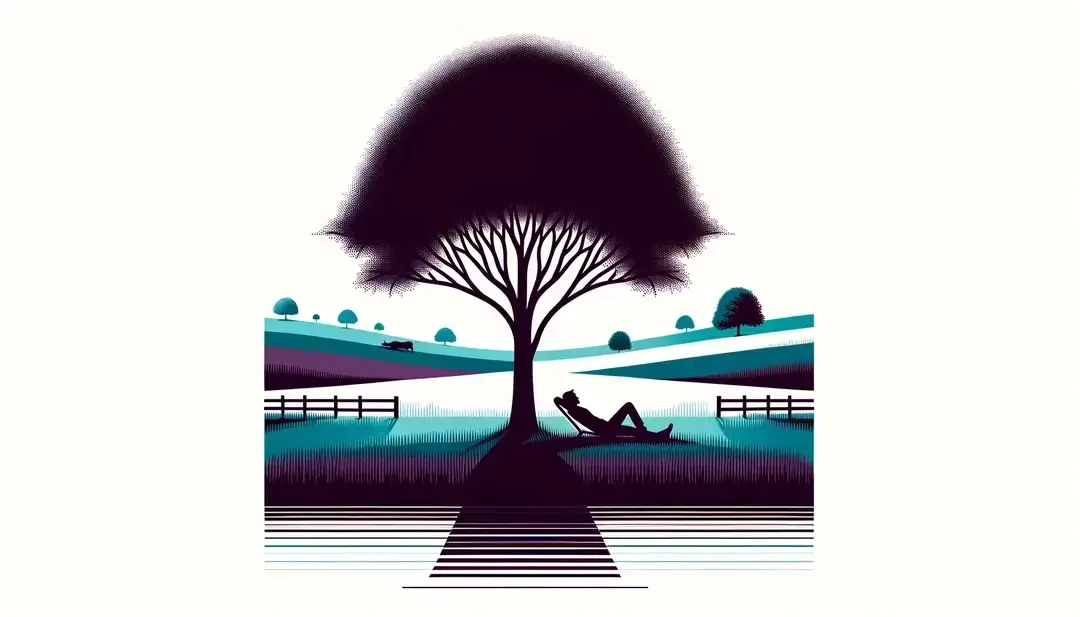 Figura humana descansando bajo un árbol en un paisaje rural minimalista con fondo blanco y colores pastel.