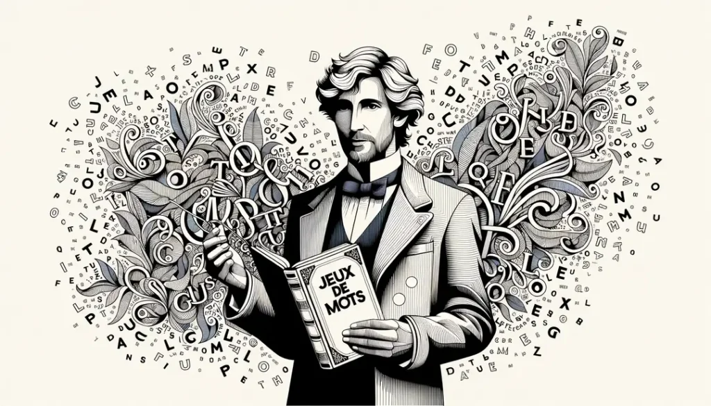 Ilustración minimalista de un escritor francés con un libro de juegos de palabras