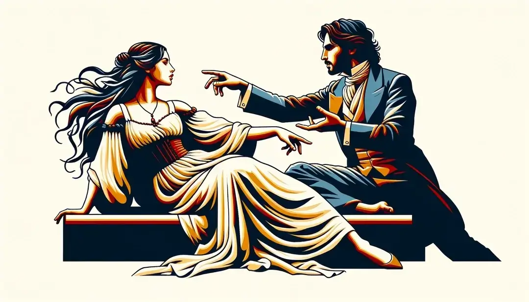 Escena minimalista de "Les Liaisons Dangereuses" mostrando figuras humanas que simbolizan manipulación y seducción