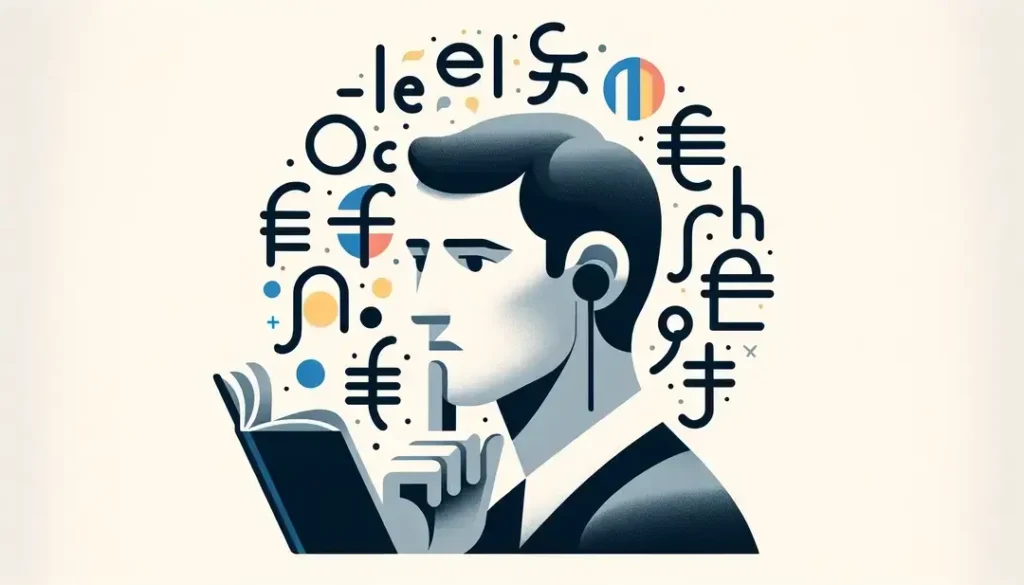 Ilustración minimalista de una figura humana estudiando sonidos lingüísticos