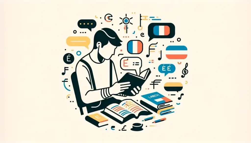Ilustración minimalista de figura humana estudiando gramática francesa