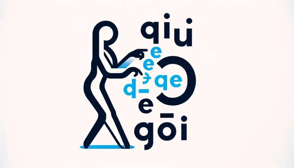 Ilustración minimalista de figura humana con símbolos gramaticales franceses « qui » y « que »