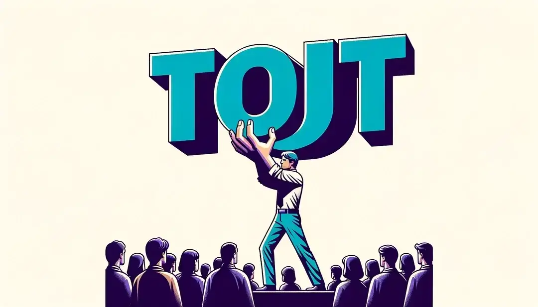 Figura humana sosteniendo "tout" en un fondo blanco