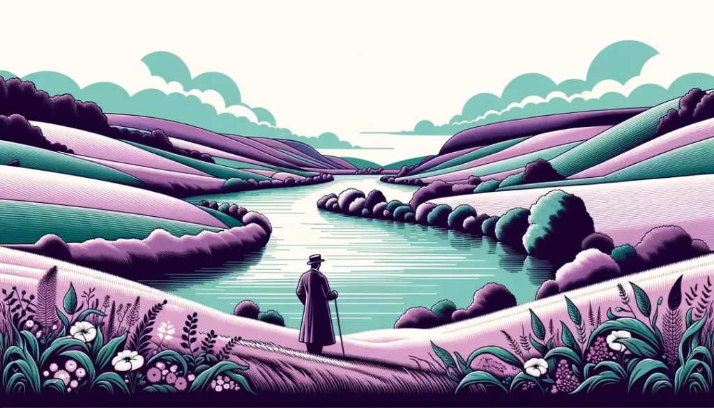 Ilustración minimalista de un poeta francés del siglo XIX junto a un río