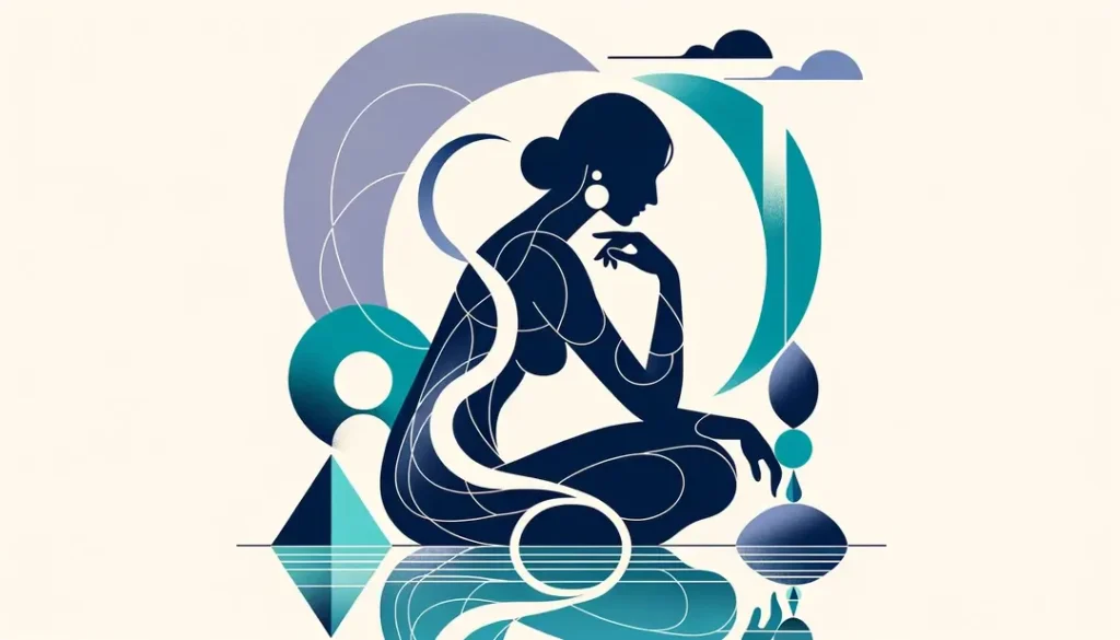 Ilustración de una figura humana contemplando formas abstractas