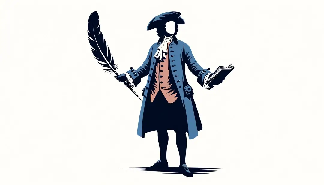 Figura de dramaturgo clásico del siglo XVII en un estilo minimalista