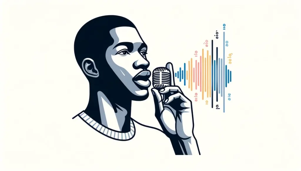 Persona practicando las vocales nasales en francés con sonidos visuales en un fondo blanco