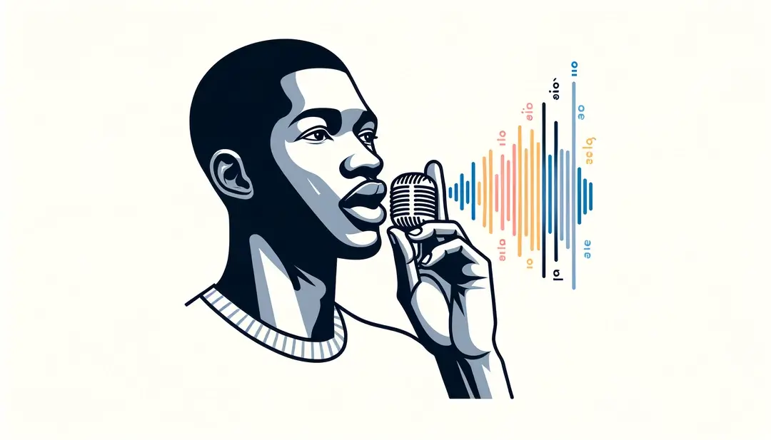 Persona practicando las vocales nasales en francés con sonidos visuales en un fondo blanco