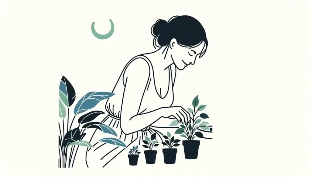 Una ilustración minimalista de una figura humana cuidando plantas