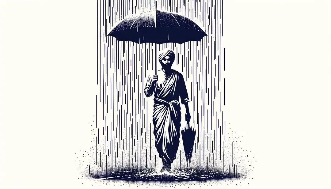 Ilustración minimalista de una figura humana bajo lluvia intensa