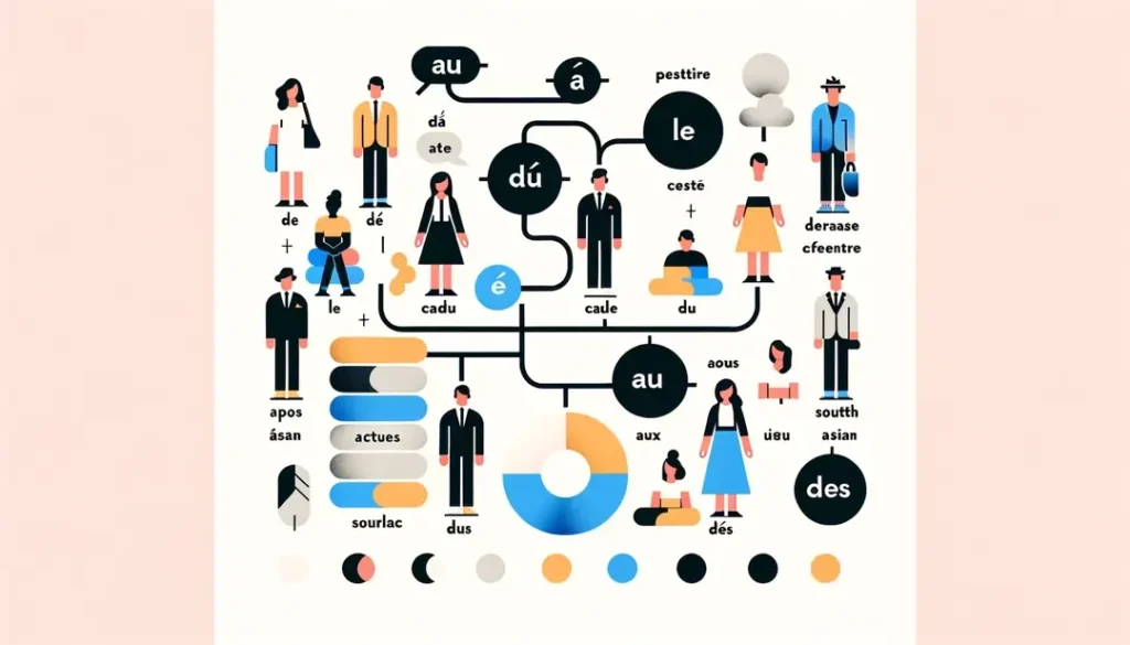 Diagrama minimalista ilustrando preposiciones contractas como au