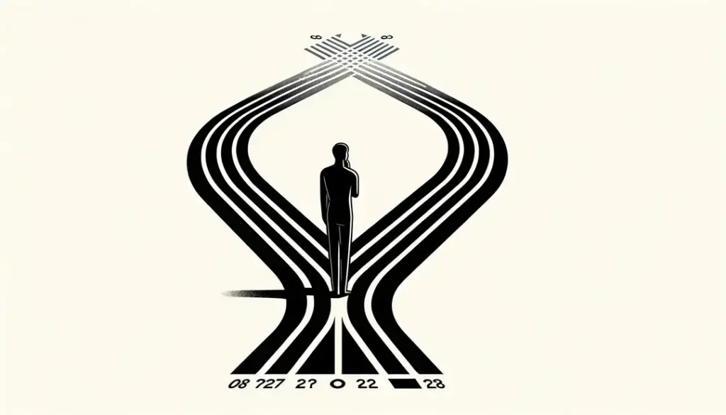Ilustración minimalista de un humano eligiendo entre dos caminos representa las formas de escribir ordinales en francés