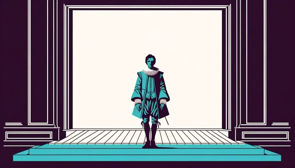 Ilustración minimalista de un dramaturgo del siglo XVII en un escenario