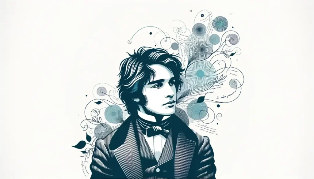Retrato minimalista de Arthur Rimbaud rodeado de ideas poéticas en un estilo bohemio del siglo XIX