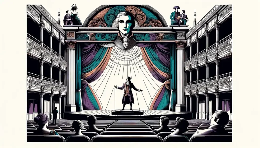 Ilustración minimalista del teatro francés del siglo XX con influencia vanguardista