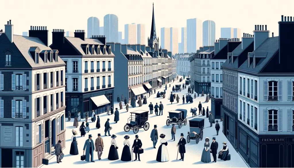 Ilustración de una escena del siglo XIX en Francia mostrando distinciones de clase y transformación urbana