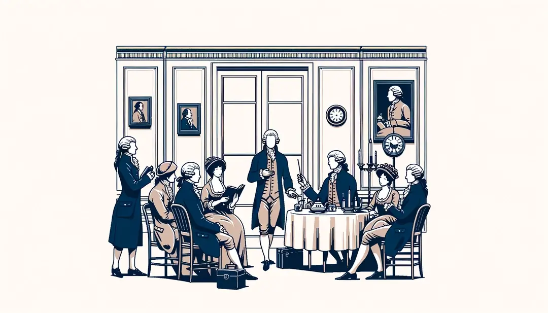 Escena minimalista de un salón literario en el siglo XVIII con figuras conversando