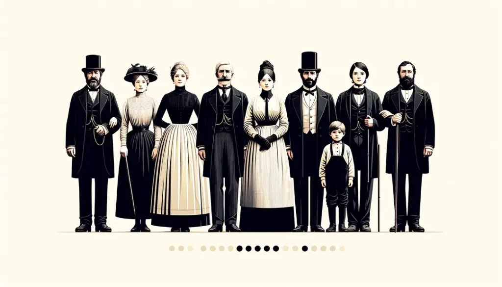 Ilustración minimalista de una familia francesa del siglo XIX representando burguesía y proletariado del Segundo Imperio