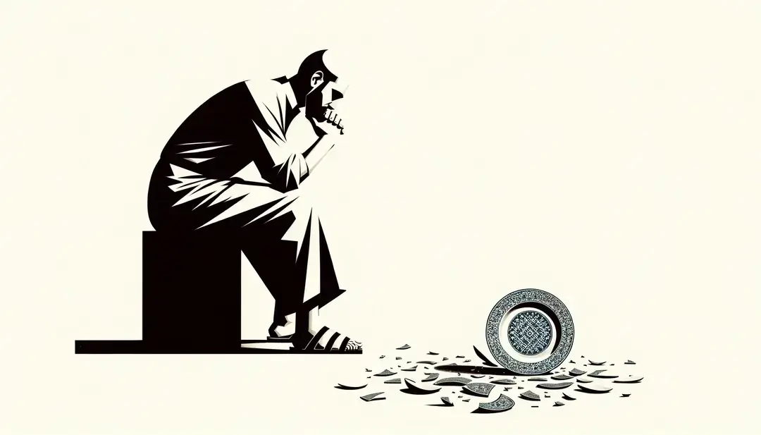 Ilustración minimalista que representa a una figura humana contemplando un plato roto