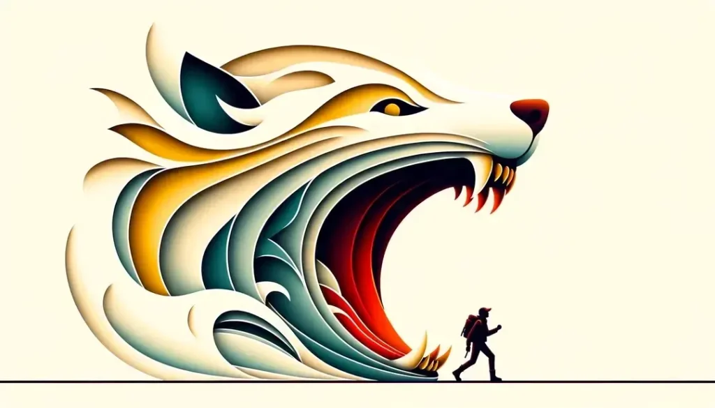 Ilustración minimalista de un explorador valiente entrando en la boca de un lobo