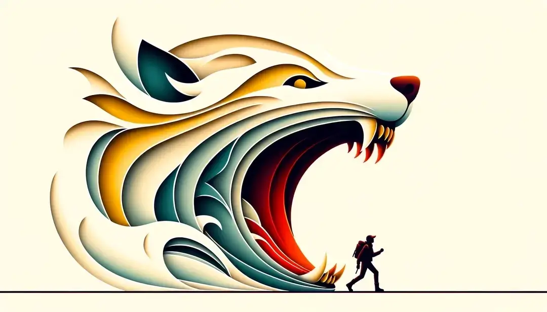 Ilustración minimalista de un explorador valiente entrando en la boca de un lobo