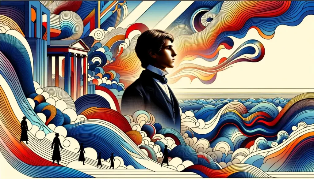Joven poeta francés del siglo XIX rodeado de un paisaje surreal
